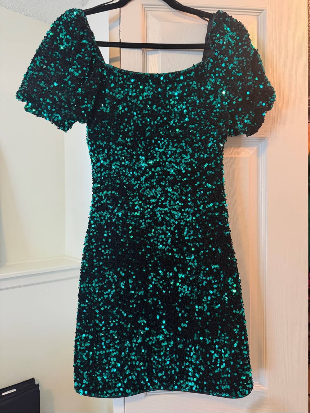 Altar'd State Teal Green Sequin Puff-Sleeve Mini Dress